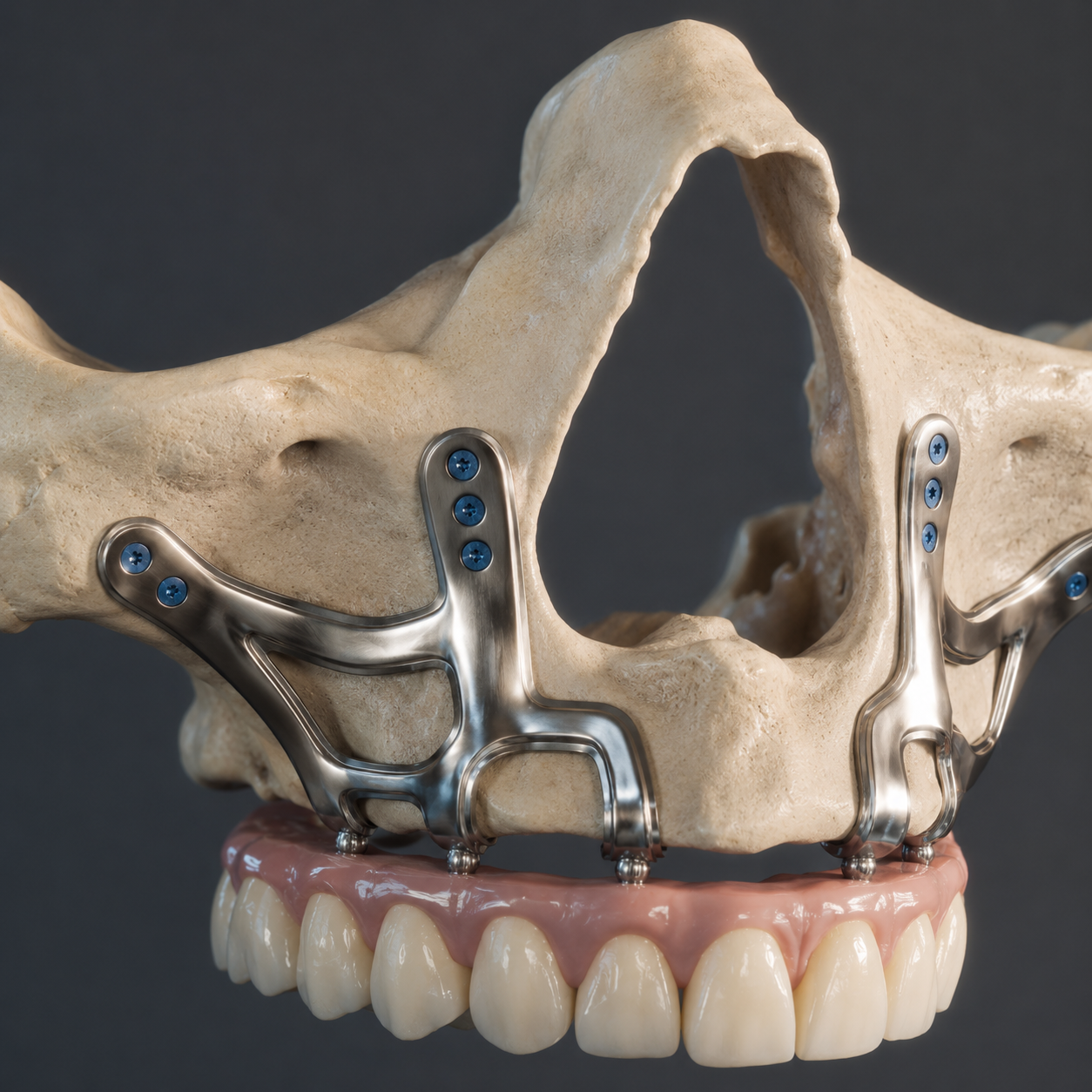 Titanium subperiosteal framework for both upper and lower jaw arches