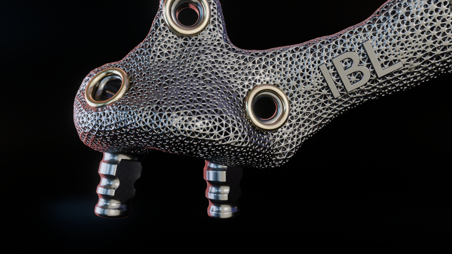 Macro shot of a finished titanium mesh implant with polished fixation collars